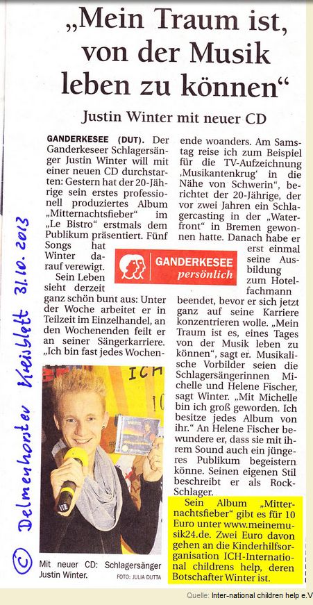 2013-11-05 Justin Winter mit neuer CD, Delmenhorster Kreisblatt berichtet